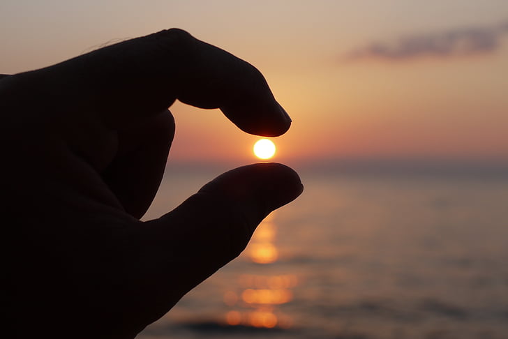 solen, finger, havet, Kontakta, bollen, kvällshimmel, mänsklig hand