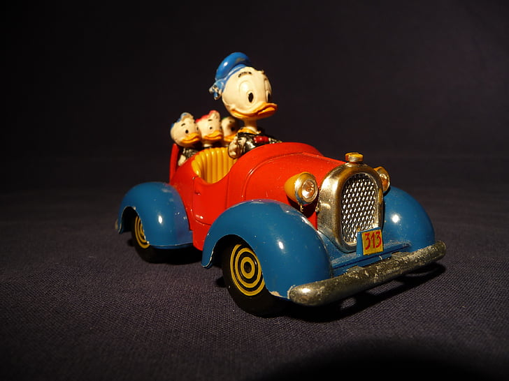 Donald duck, speelgoed, speelgoedauto, antieke, verzamelen, rood, blauw