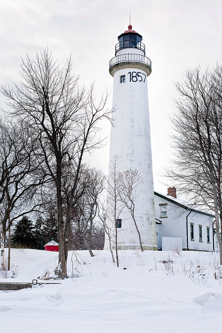 Lighthouse, Michigan, vit, nautisk, vinter, snöig, snö