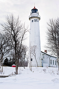 lighthouse, michigan, white, nautical, winter, snowy, snow