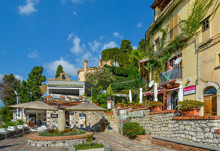 Sicilija, peglanja, bršljan, terasa, Taormina, kafić, zelenila