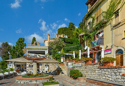 Sicile, planche à repasser, Lierre, terrasse, Taormina, café, verdure