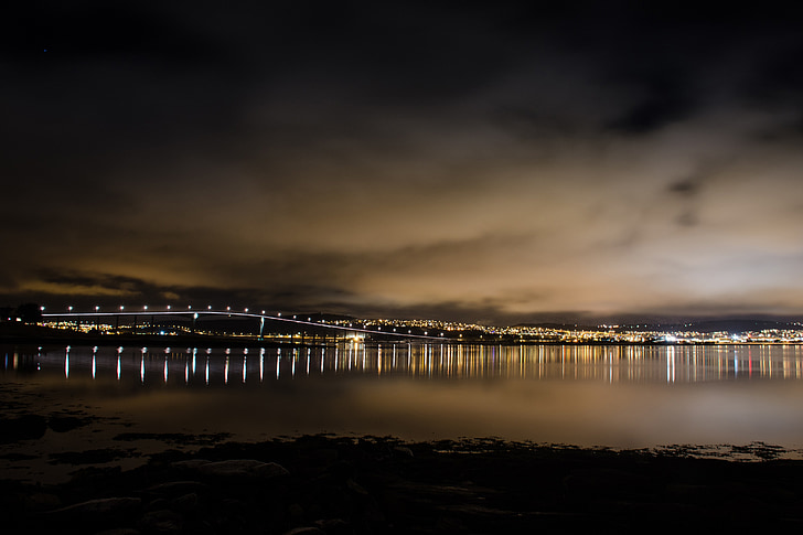 pilsētas apgaismojums, naktī, Tromse, pilsēta, cilvēki un kultūra, siluets, gaisma