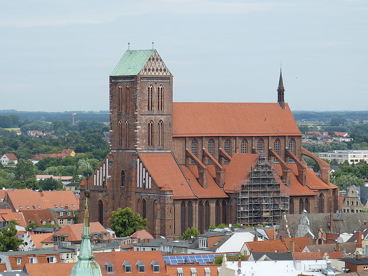 Wismar, az Outlook, óváros, történelmileg, tetők, város, nézet