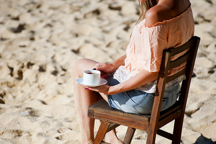 attività, adulto, spiaggia, sedia, caffè, bere, voluttà