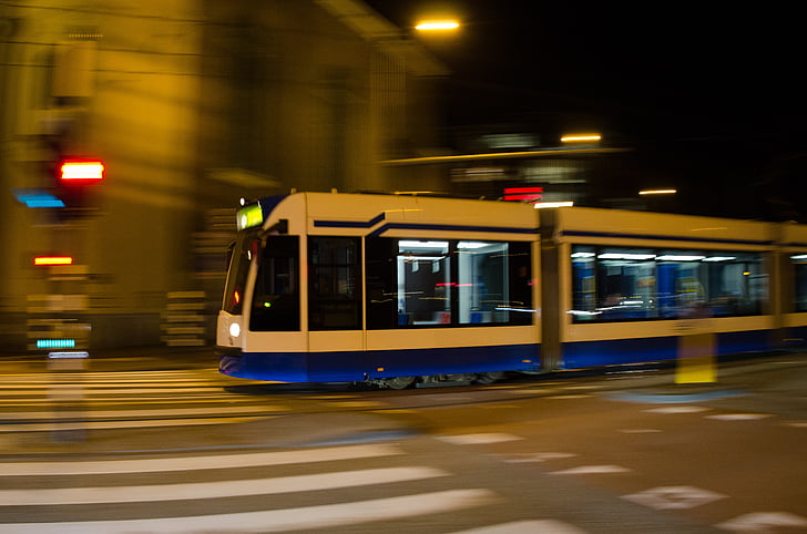 tram, trolley, traffic, urban, night, panning, streetcar