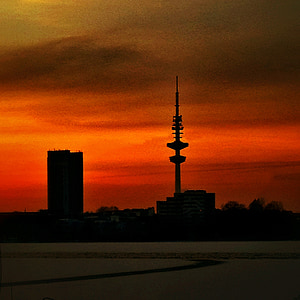 Hambourg, Alster, coucher de soleil, abendstimmung, Allemagne, eau, rouge