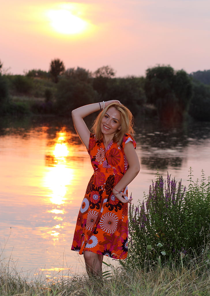 girl, sunset, lake, water, reflection, blonde, beauty