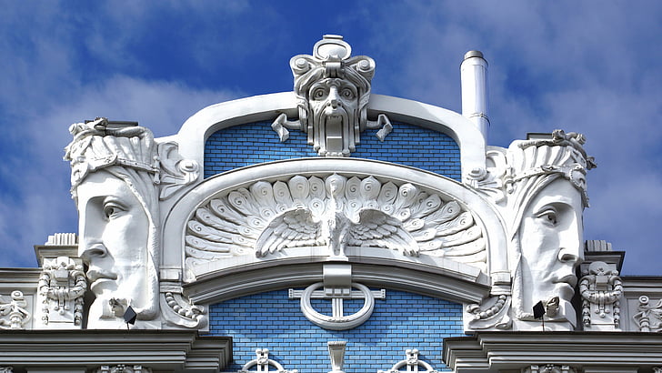 Riga, hus fasad, art nouveau, arkitektur, lekfullhet, blå, resmål