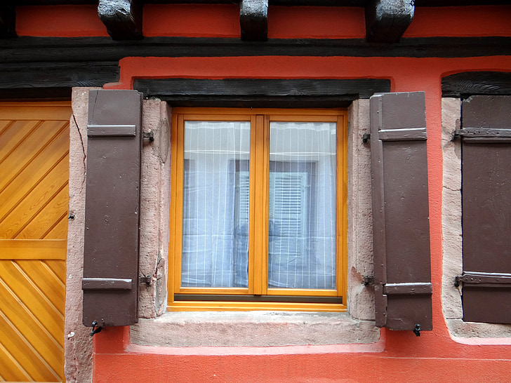 finestra, Persianes, reflectint, carcassa, pintoresc, individual, vermell