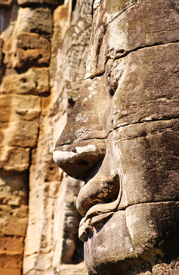 Angkor, templet, antika, ansikte, sten, turistiska, syn