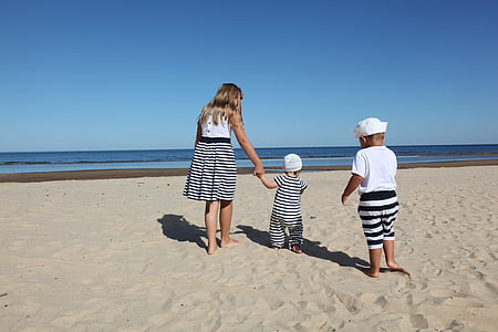 Beach, modra, družina, počitnice, otroci, pesek, Seashore