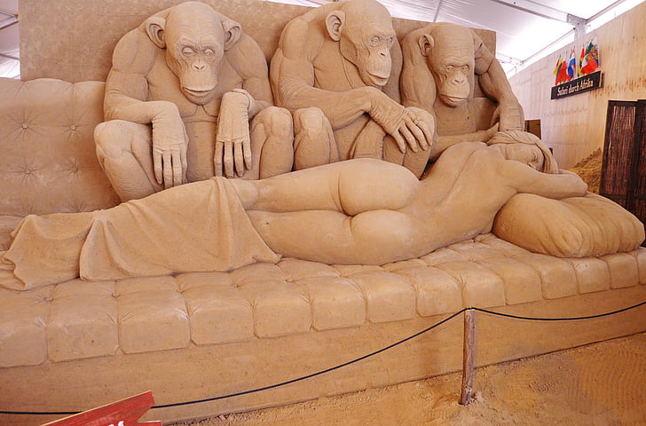 escultura de arena, mujer, obra de arte, sandworld, Alphas y el dormir, África, monos