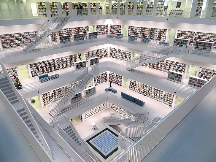 stuttgart, library, white, books, floors, stairs, interior