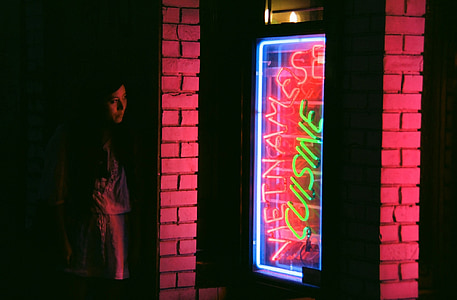 femeie, umbra, în căutarea, semn de neon, Restaurantul, colorat, noapte