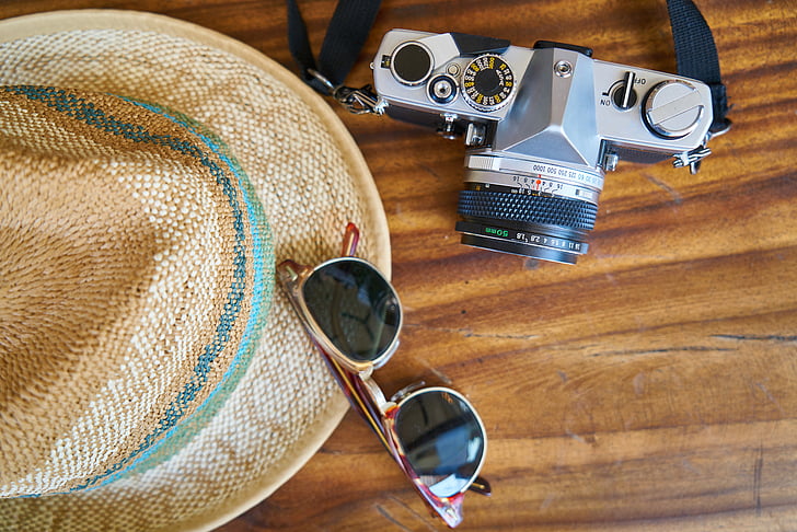 stari, kamero, objektiv, klobuk, počitnice, očal, zabava