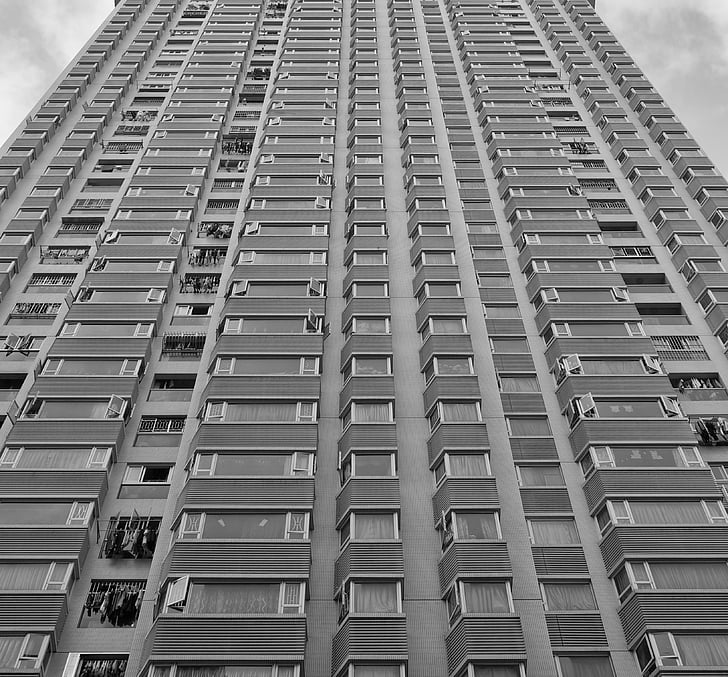 black-and-white, building, low angle shot, perspective, skyscraper, windows, architecture