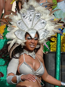 Carnaval, desfile, bailarina, hermosa mujer, plumas de, Loulé