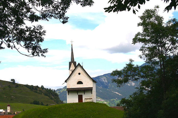 Швейцария, пейзаж, горы, небо, облака, Церковь, лес