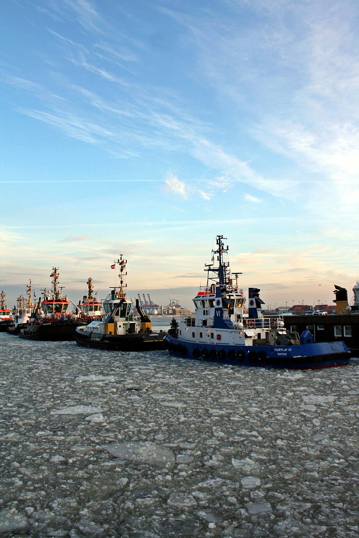 vontatóhajó, Bugsier vállalat, Port, Harbour cruise, Hamburg, jég, téli