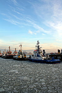 remolcador, bugsier, Puerto, Puerto crucero, Hamburgo, hielo, invierno