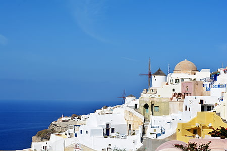 Σαντορίνη, Ελλάδα, άσπρα σπίτια, αρχιτεκτονική, Οία, Νησιά των Κυκλάδων, στη θάλασσα
