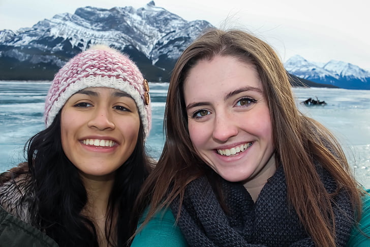 abraham lake, selfie, mountain, smiling, women, outdoors, snow