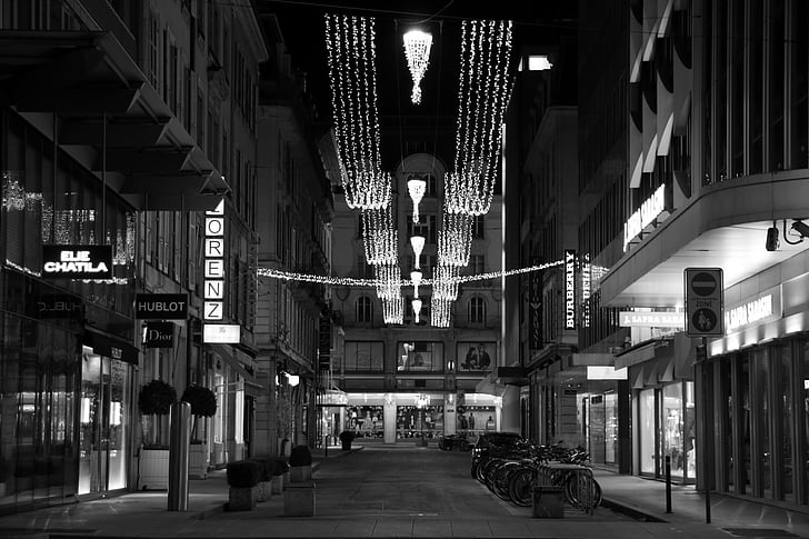 Ženeva, ulice, noční, Vánoční, světlo, Švýcarsko, město