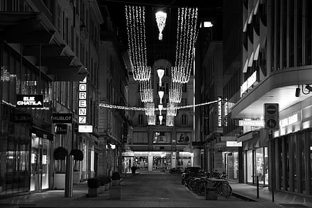 Genebra, rua, à noite, Natal, luz, Suíça, cidade