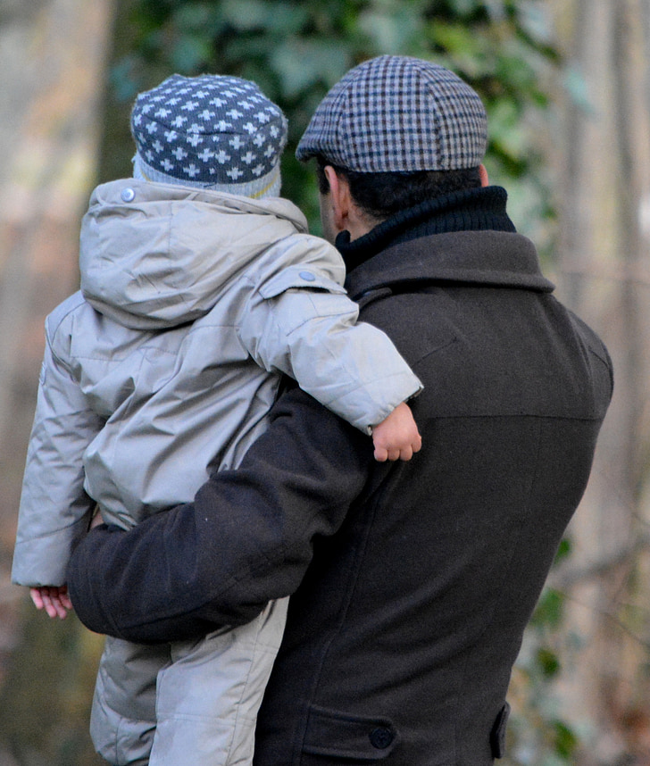 father with child, father, child, people, clothing, pet, hat