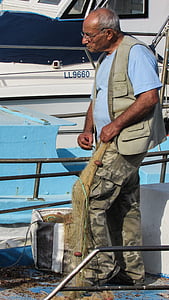 fisherman, nets, fixing nets, fishing, traditional, harbour, cyprus