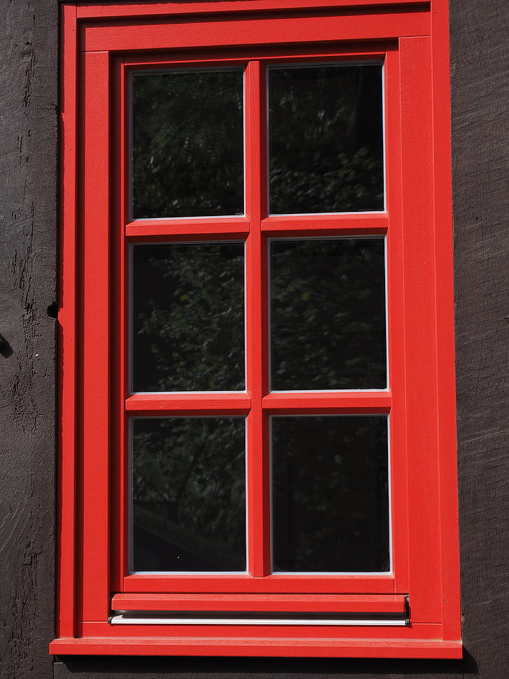 janela, janela de gelosia, vidro, vermelho, frames de janela, fachwerkhaus
