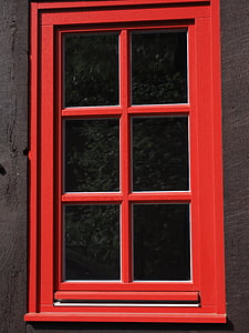 okno, mřížkované okno, sklo, červená, okenní rámy, fachwerkhaus
