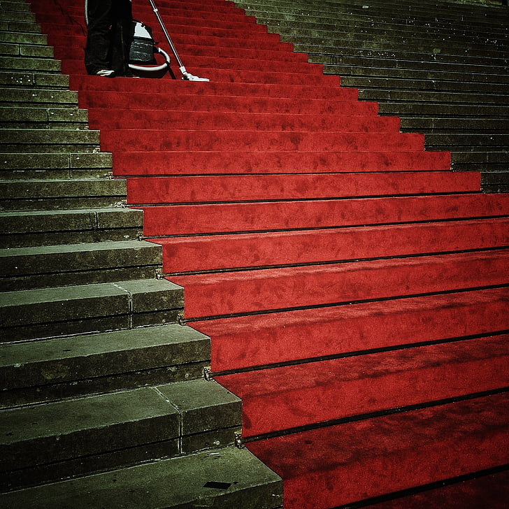 laiptai, atsiradus, įvestis, perspektyvos, raudonas kilimas, raudona, kiliminė danga