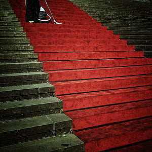 trappor, uppkomsten, ingång, perspektiv, röda mattan, röd, mattan