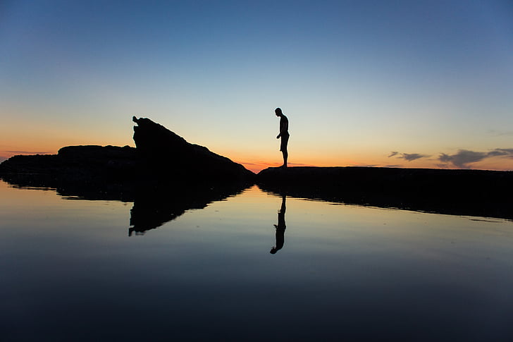 silhouette, silence, sunset, man, water, reflection, bank