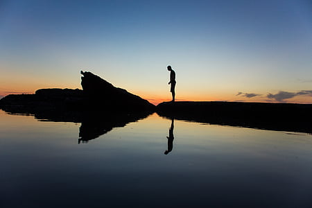 silueta, silencio, puesta de sol, hombre, agua, reflexión, Banco