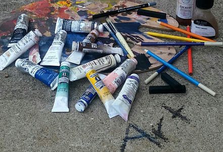 art, oil paint, charcoal sticks, colored pencils, art mediums, rainbow, colorful