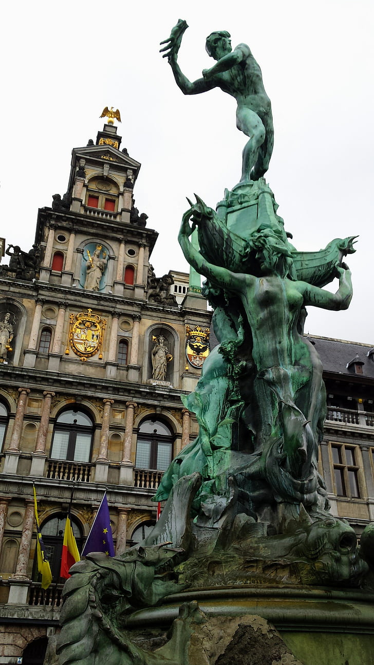 Antwerpen, Grand place, Brabo, Street fotografering, Downtown, antigoon, rådhus