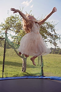 트램 폴 린, 사람, 인간의, 소녀, 드레스, 홉, 점프
