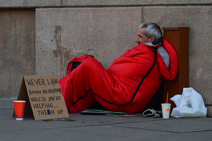 homeless man, homeless, advice, orange clothes, sign, orange, change cup
