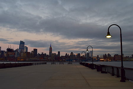 new york city, skyline, twilight, lights, lamp post, clouds, sky