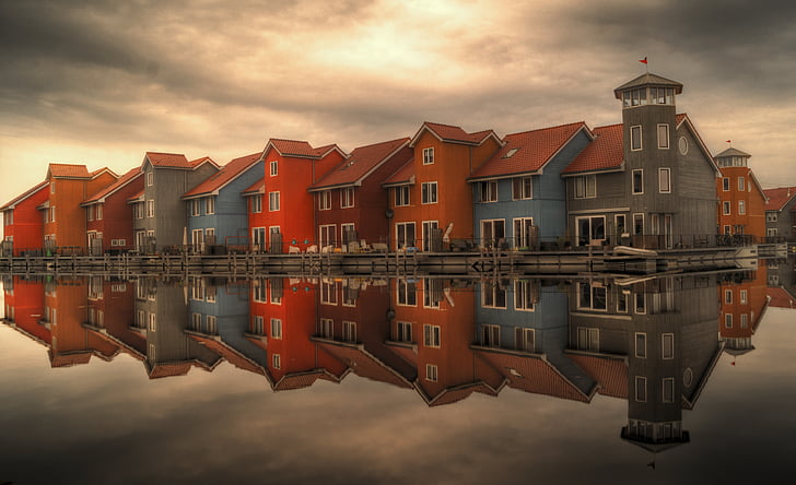 budovy, zamračené, farebné, farebné, domy, Holandsko, odrazy