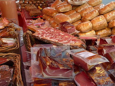 ham, sausage, sale, stand, meat, market, meat market