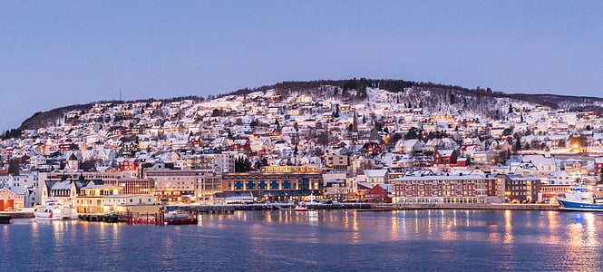 Norsko, Tromso, východ slunce, Architektura, Hora, Skandinávie, krajina