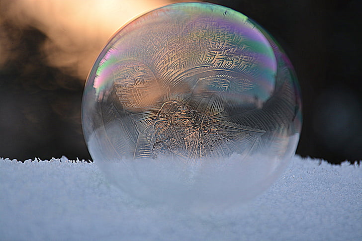 soap bubble, frozen bubble, winter, snow, nature, sphere