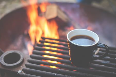 coffee, grill, fire, heating up, breakfast, camping, drink