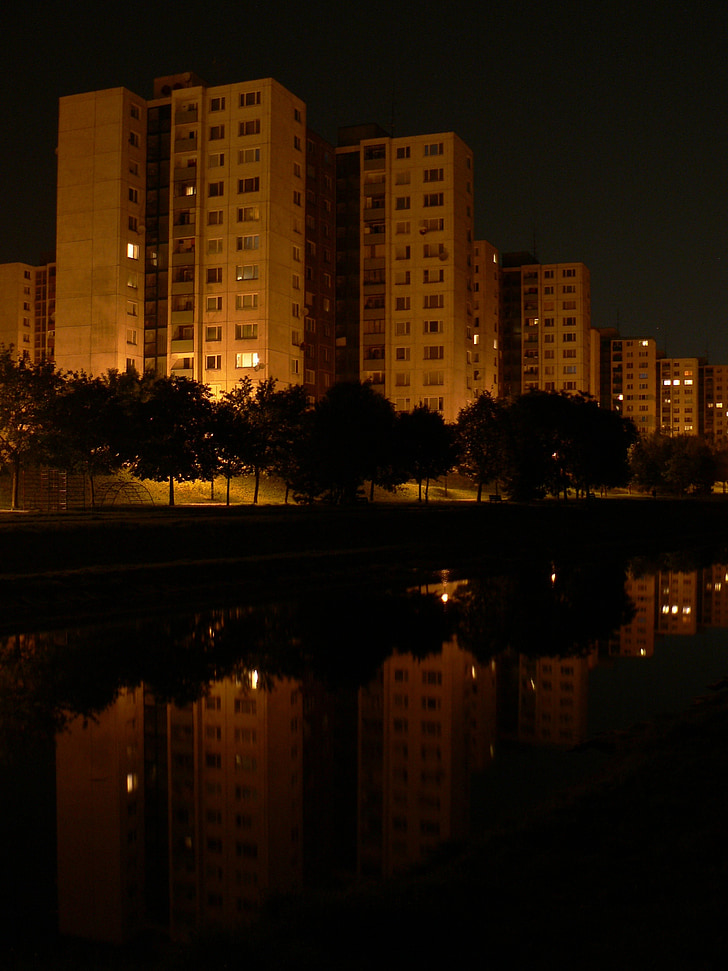 Slovensko, Bratislava, noční, megalopolis, pohled, reflexe, budovy