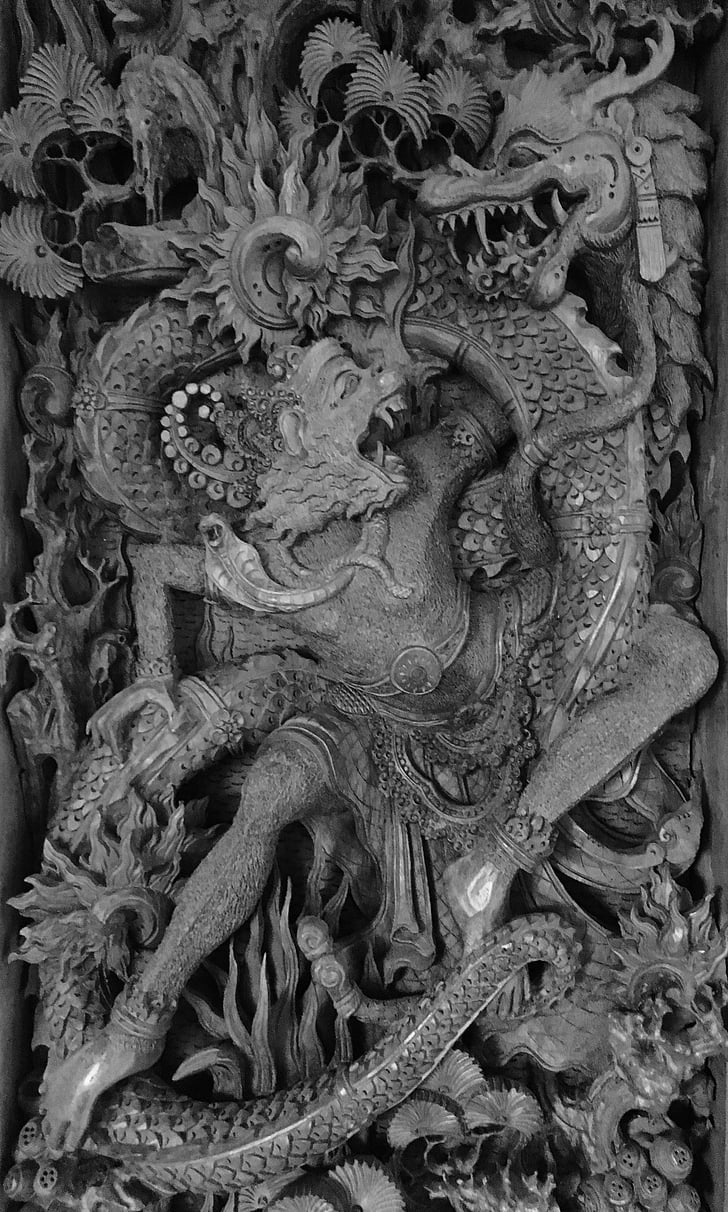 Rzeźba w drewnie, Hanuman, Bali, małpa Boga, Smok, drewno, rzeźbione