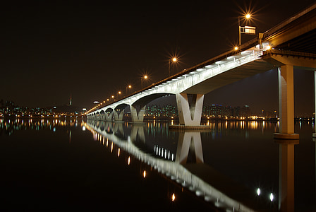 puente, noche, Corea del sur, ciudad, punto de referencia, Seúl, Corea